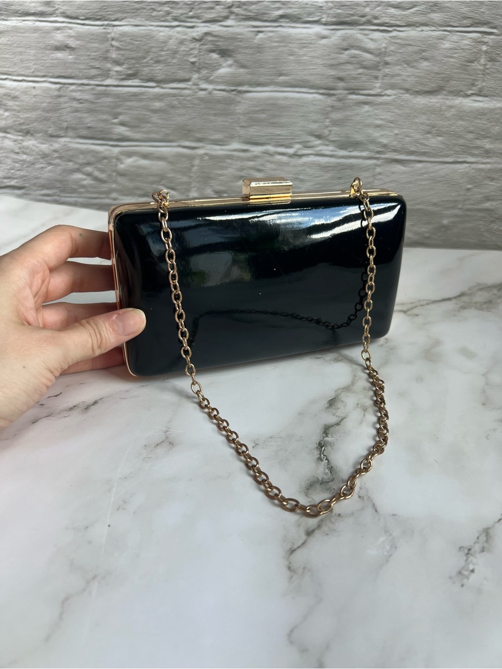 Black Patent Chain Clutch - Elegant Evening Bag